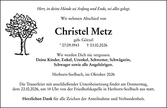 Traueranzeige von Christel Metz von Dill Block