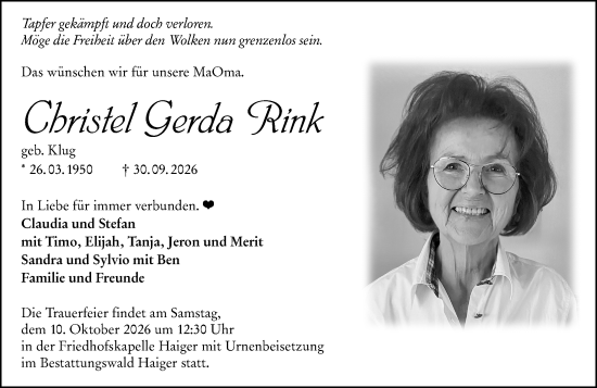 Traueranzeige von Christel Gerda Rink von Dill Block
