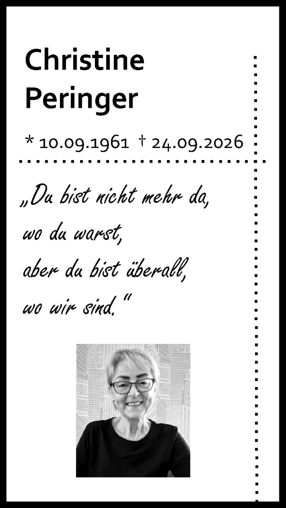  Traueranzeige für Christine Peringer vom 02.10.2026 aus Allgemeine Zeitung Mainz