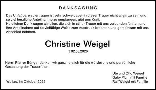 Traueranzeige von Christine Weigel von Hinterländer Anzeiger
