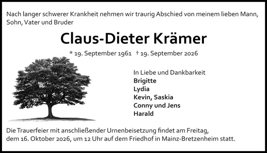 Traueranzeige von Claus-Dieter Krämer von Allgemeine Zeitung Mainz