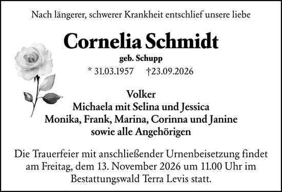 Traueranzeige von Cornelia Schmidt von Wiesbadener Kurier