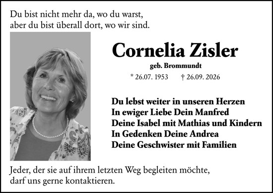 Traueranzeige von Cornelia Zisler von Wiesbadener Kurier