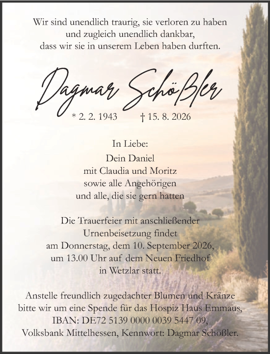 Traueranzeige von Dagmar Schößler von Wetzlarer Neue Zeitung