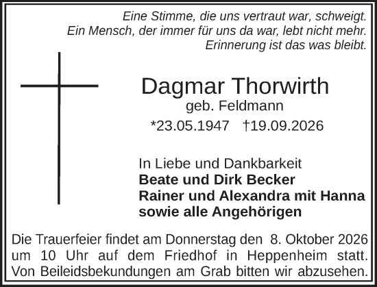 Traueranzeige von Dagmar Thorwirth von Starkenburger Echo