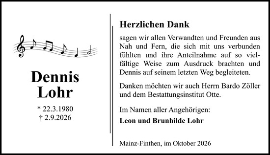 Traueranzeige von Dennis Lohr von Allgemeine Zeitung Mainz