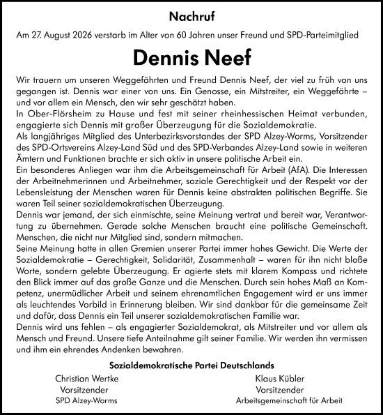 Traueranzeige von Dennis Neef von Allgemeine Zeitung Alzey
