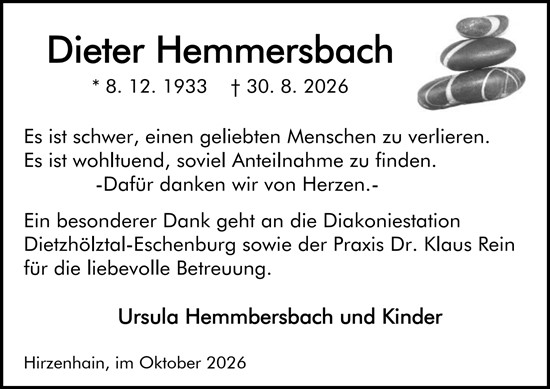 Traueranzeige von Dieter Hemmersbach von Dill Block