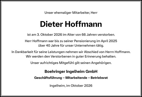 Traueranzeige von Dieter Hoffmann von Allgemeine Zeitung Rheinhessen-Nahe