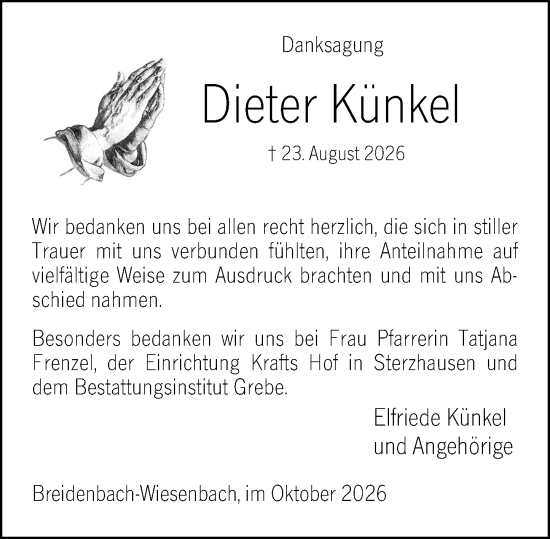 Traueranzeige von Dieter Künkel von Hinterländer Anzeiger