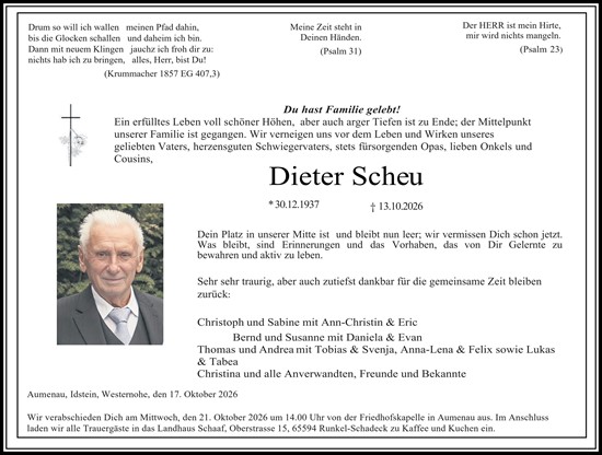 Traueranzeige von Dieter Scheu von Weilburger Tageblatt