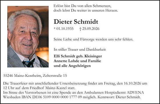 Traueranzeige von Dieter Schmidt von Allgemeine Zeitung Mainz