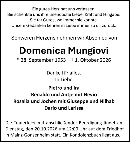 Traueranzeige von Domenica Mungiovi von Allgemeine Zeitung Mainz