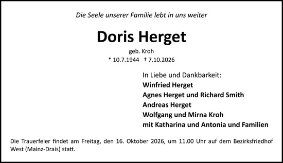 Traueranzeige von Doris Herget von Allgemeine Zeitung Mainz