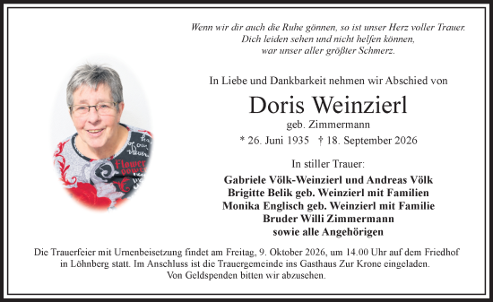 Traueranzeige von Doris Weinzierl von Weilburger Tageblatt
