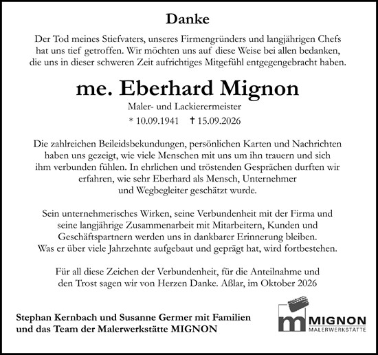Traueranzeige von Eberhard Mignon von Wetzlarer Neue Zeitung