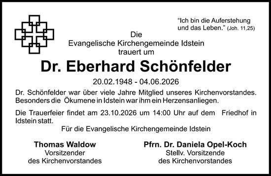 Traueranzeige von Eberhard Schönfelder von Idsteiner Land/Untertaunus