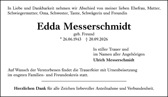 Traueranzeige von Edda Messerschmidt von Wetzlarer Neue Zeitung