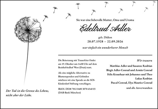 Traueranzeige von Edeltrud Adler von Allgemeine Zeitung Mainz