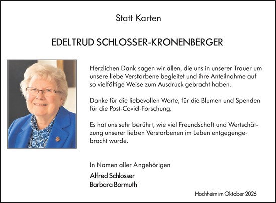 Traueranzeige von Edeltrud Schlosser-Kronenberger von Hochheimer Zeitung
