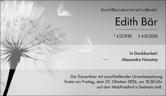 Traueranzeige von Edith Bär von Darmstädter Echo