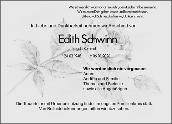 Traueranzeige von Edith Schwinn von Odenwälder Echo