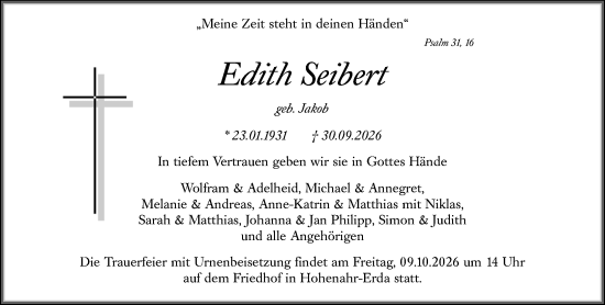 Traueranzeige von Edith Seibert von Wetzlarer Neue Zeitung