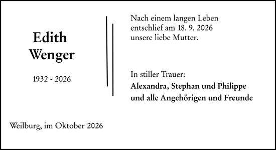 Traueranzeige von Edith Wenger von Weilburger Tageblatt