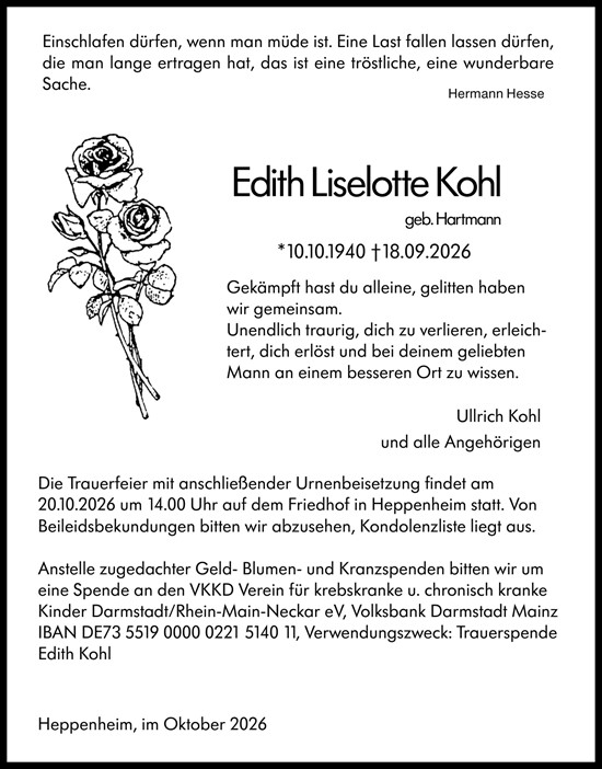 Traueranzeige von Edith Liselotte Kohl von Starkenburger Echo