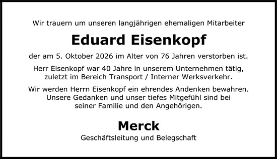 Traueranzeige von Eduard Eisenkopf von Darmstädter Echo