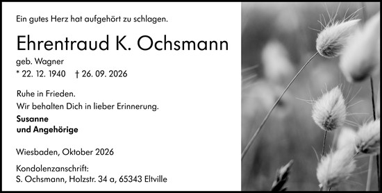 Traueranzeige von Ehrentraud K. Ochsmann von Wiesbadener Kurier