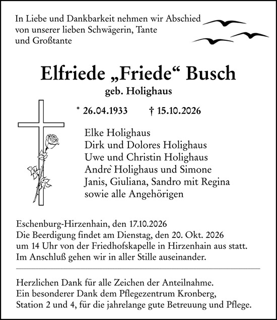 Traueranzeige von Elfriede Busch von Dill Block