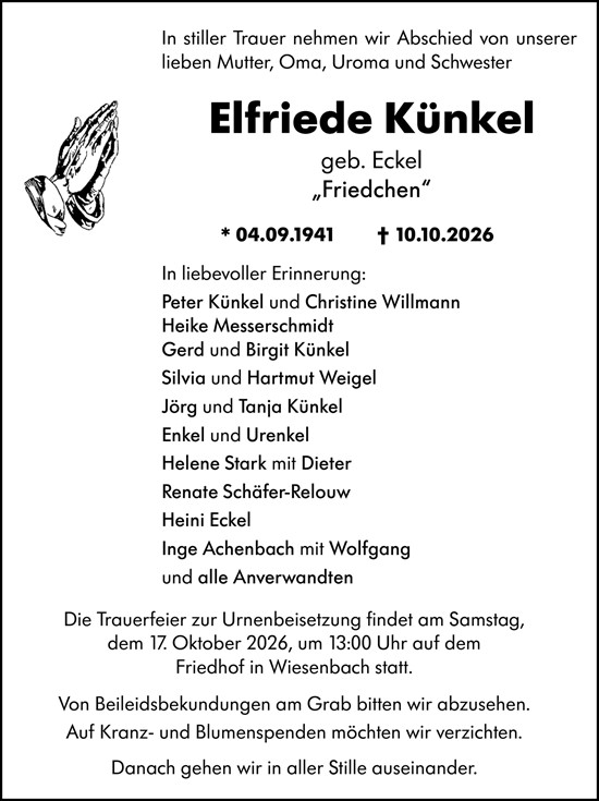 Traueranzeige von Elfriede Künkel von Hinterländer Anzeiger