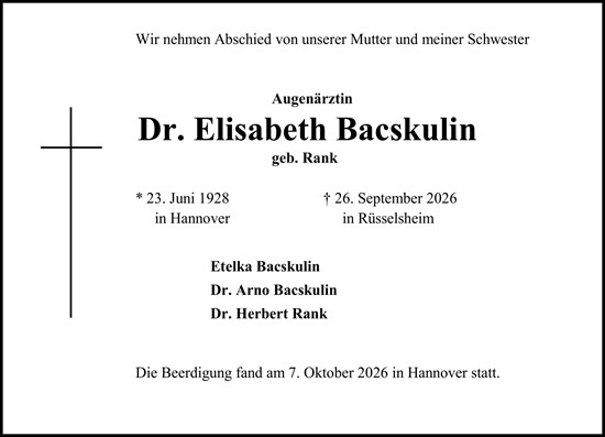 Traueranzeige von Elisabeth Bacskulin von Rüsselsheimer Echo