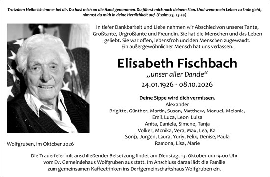 Traueranzeige von Elisabeth Fischbach von Hinterländer Anzeiger