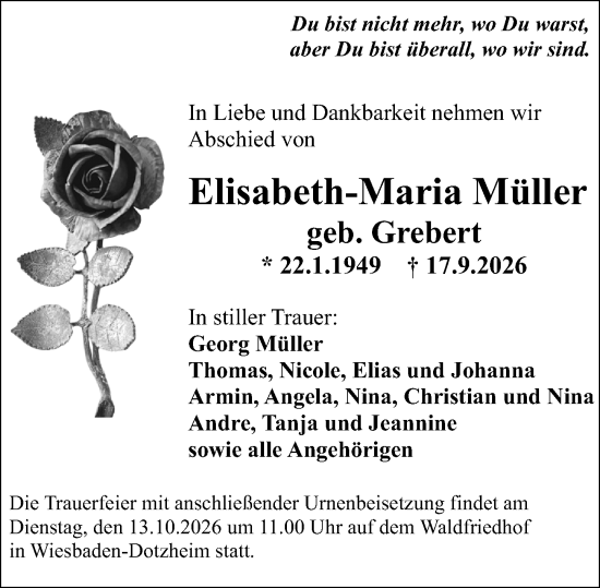 Traueranzeige von Elisabeth-Maria Müller von Wiesbadener Kurier