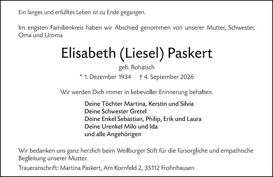 Traueranzeige von Elisabeth Paskert von Weilburger Tageblatt