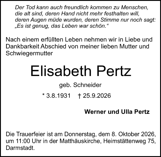 Traueranzeige von Elisabeth Pertz von Darmstädter Echo