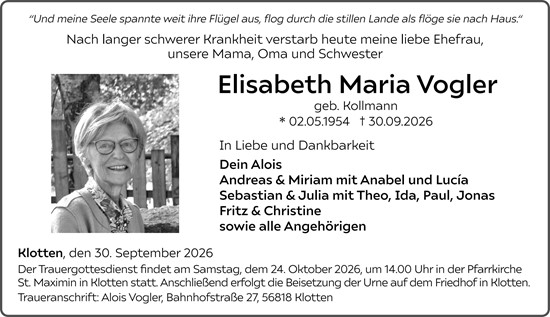Traueranzeige von Elisabeth Maria Vogler von Allgemeine Zeitung Alzey