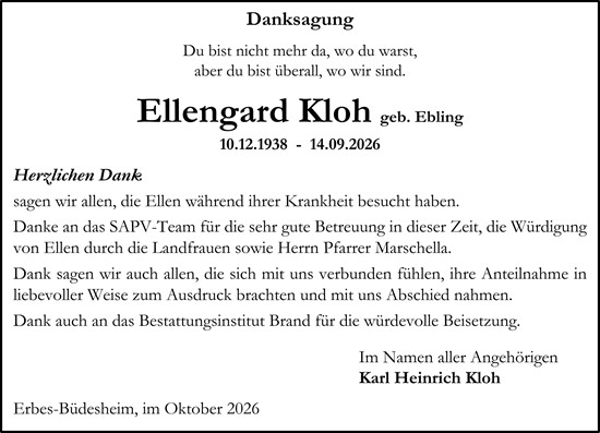Traueranzeige von Ellengard Kloh von Allgemeine Zeitung Alzey