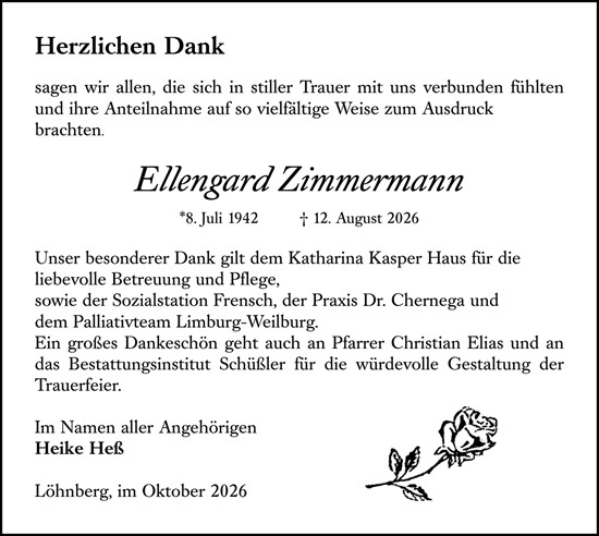Traueranzeige von Ellengard Zimmermann von Weilburger Tageblatt
