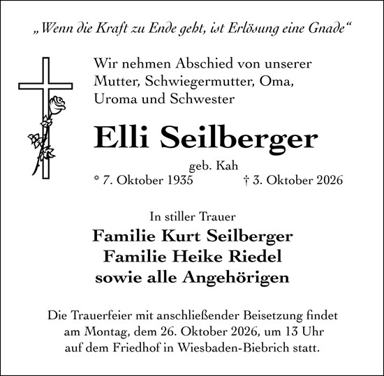 Traueranzeige von Elli Seilberger von Wiesbadener Kurier