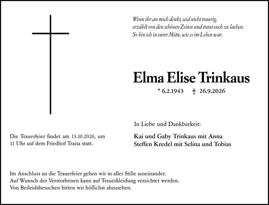 Traueranzeige von Elma Elise Trinkaus von Darmstädter Echo