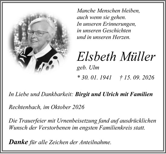 Traueranzeige von Elsbeth Müller von Wetzlarer Neue Zeitung