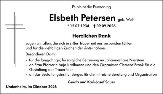 Traueranzeige von Elsbeth Petersen von Allgemeine Zeitung Mainz