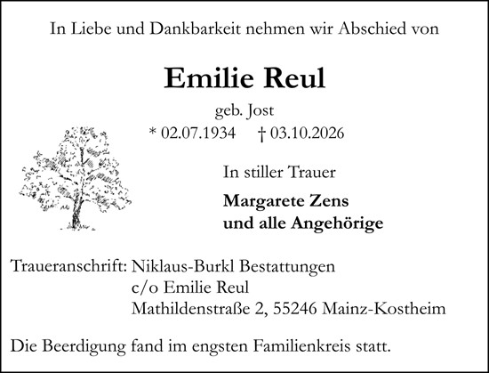 Traueranzeige von Emilie Reul von Allgemeine Zeitung Mainz
