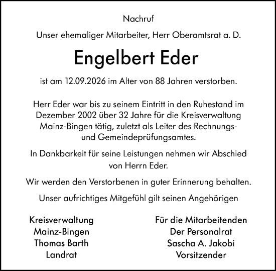 Traueranzeige von Engelbert Eder von Allgemeine Zeitung Mainz
