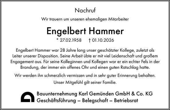 Traueranzeige von Engelbert Hammer von Allgemeine Zeitung Rheinhessen-Nahe