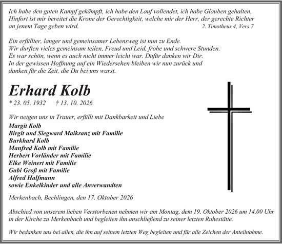 Traueranzeige von Erhard Kolb von Dill Block