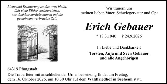 Traueranzeige von Erich Gebauer von Darmstädter Echo